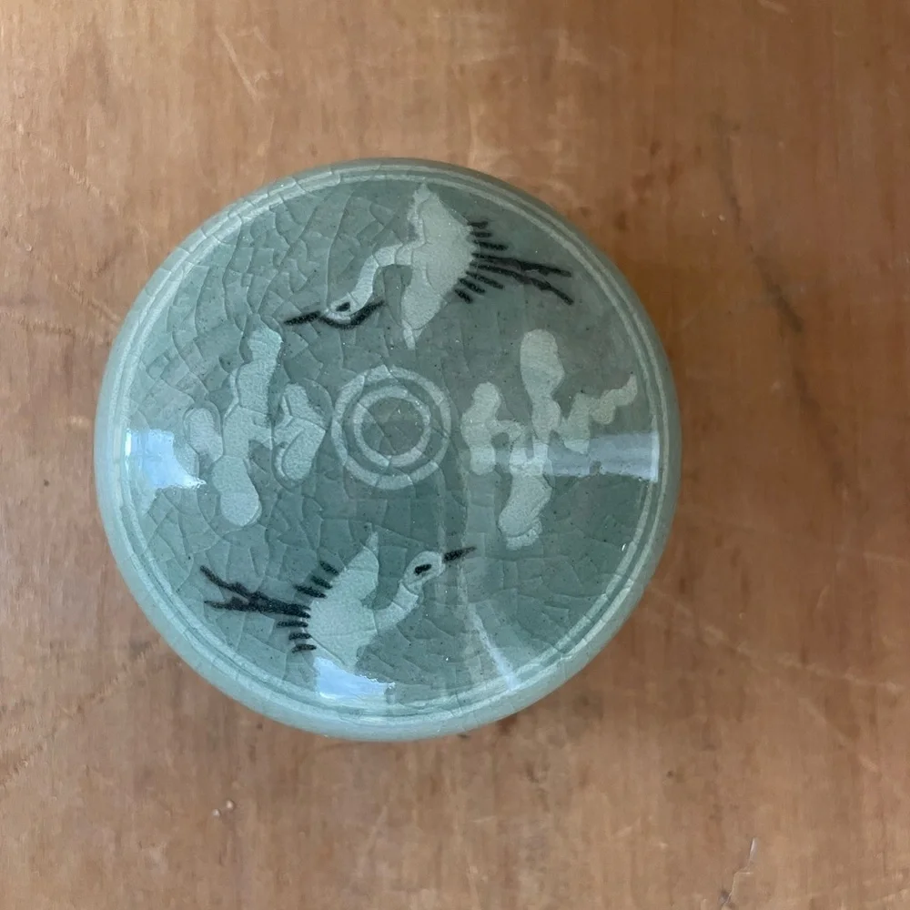Celadon Crane Trinket Dish 2 1/4” Diameter Beautiful Condition Marked So sweet!
